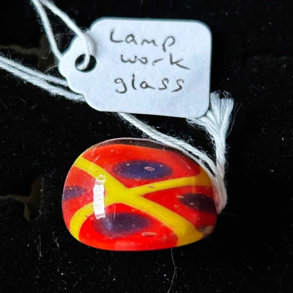 HANDBLOWN GLASS RING, LADIES SZ 9, ORANGE BACKGROUND, BLUE OVALS, YELLOW "X", - Picture 1 of 3